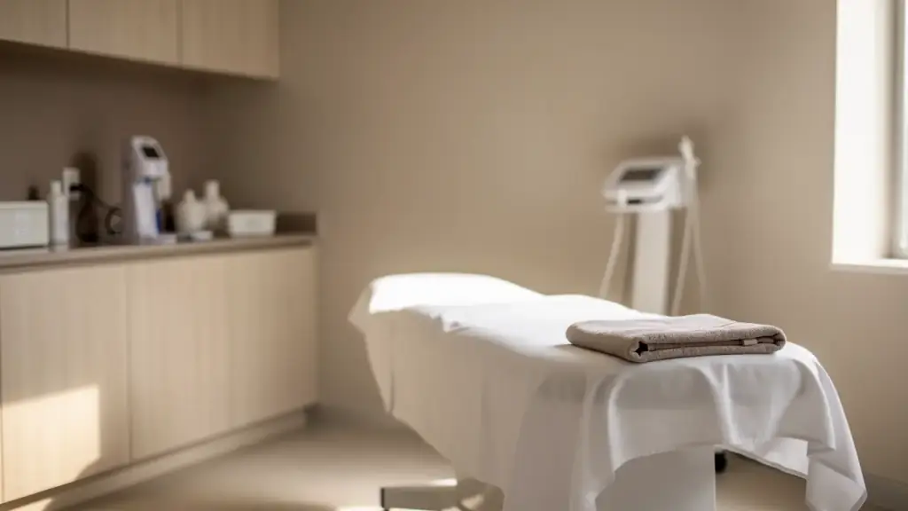 A made-up treatment table and folded towel in a quiet, unoccupied clinical room