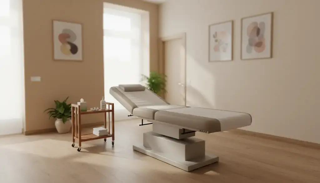 A chiropractic treatment table and instrument trolley in a quiet, unoccupied room