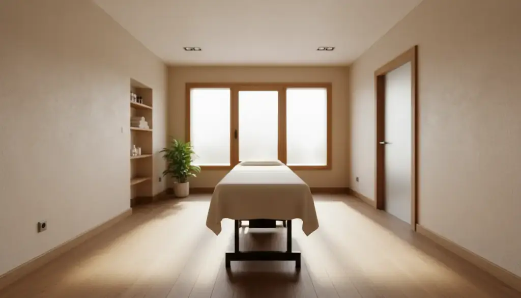A treatment table set square in a quiet clinical room under daylight