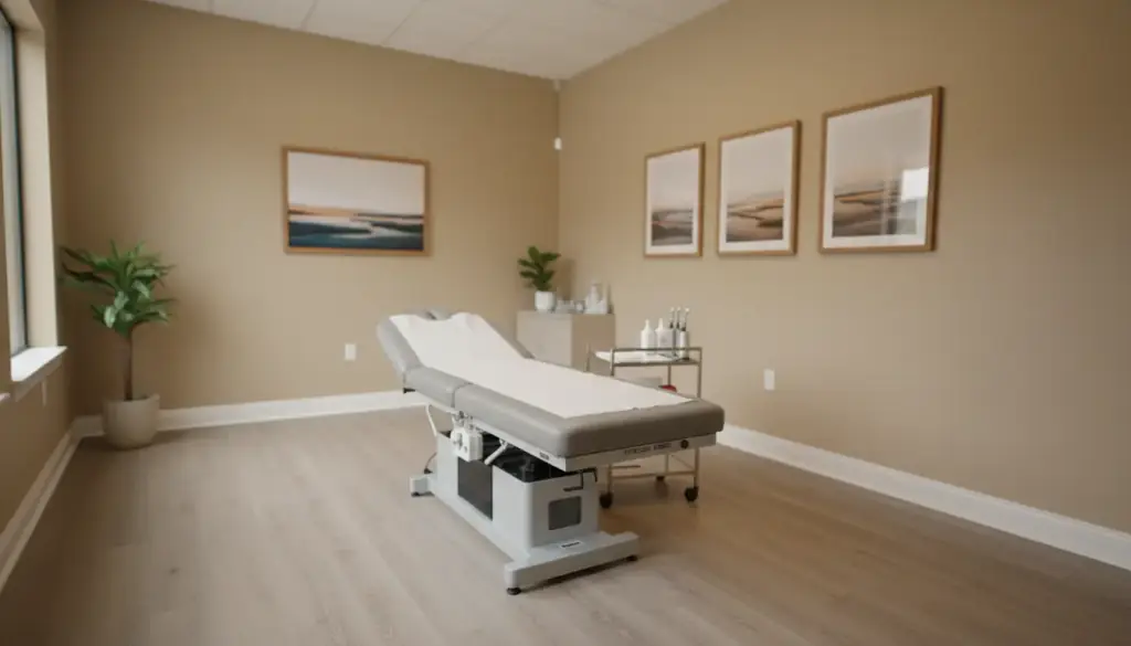 A powered treatment table beside a small instrument trolley in an empty clinical room